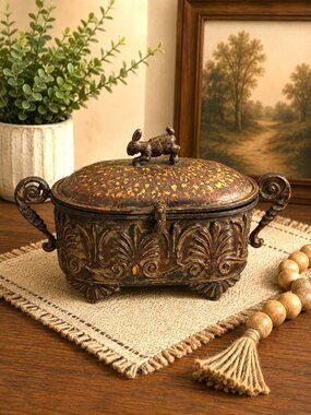 VTG Pier 1 Rustic Metal Rabbit Trinket Box Hinged Decorative Storage Container
